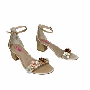 Betsey Johnson Adalee Heels, 7.5, Floral Embellished Gold Ankle Strap